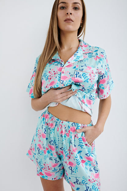 Flamingo Blue Pyjama Silk Set