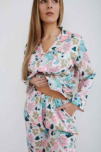 BLUEBERRY FLOWERS LONG SLEEVES SILK SET