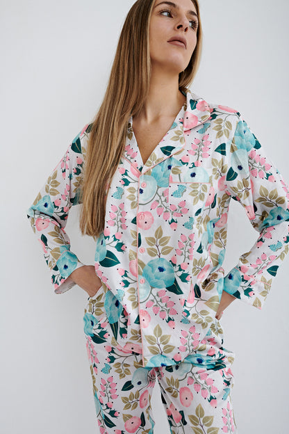 BLUEBERRY FLOWERS LONG SLEEVES SILK SET